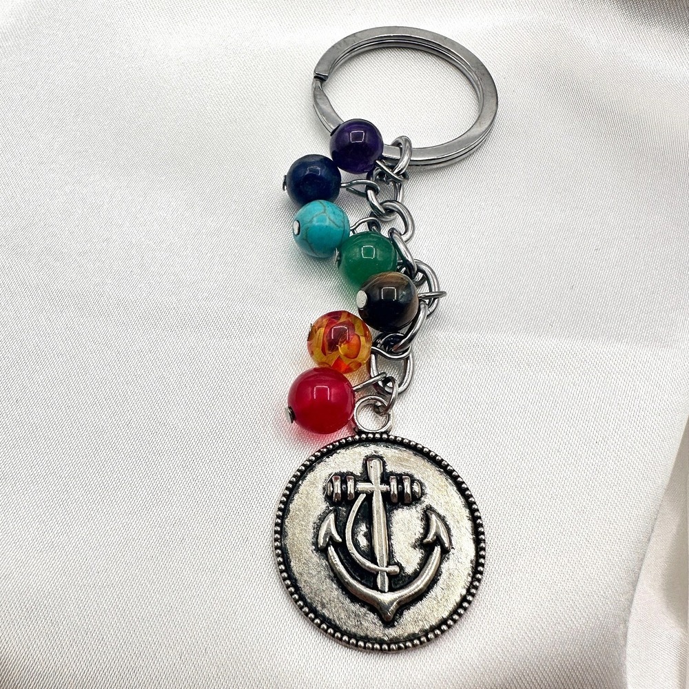 Vintage 80s 7 Chakra Healing Stone Keychain Yoga Reiki Anchor Charm Gift Jewelry
